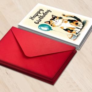 Detail of a birthday card set with watercolor calico cat illustration and a red envelope