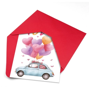 Detailed view of a watercolor car greeting card with heart balloons and a red envelope