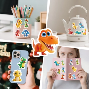 Detailed stickers showing 3D cartoon dinosaur graphics applied to diverse surfaces