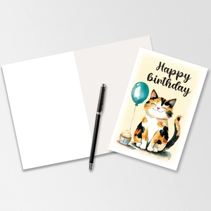 Detail of happy birthday card showing cute hand-drawn cat illustration and blank inner page