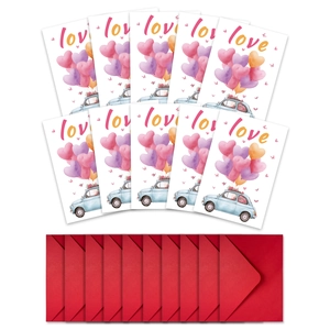 Detail of 10 Valentine cards featuring vintage car with heart balloons and red envelopes