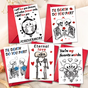 Set de cartes de Saint-Valentin crâne romantique avec enveloppes rouges et dessins gothiques