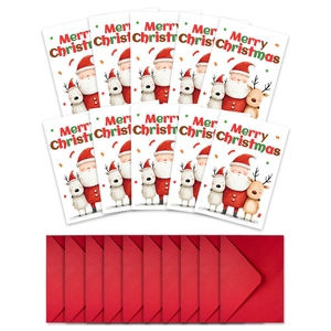 Detailed set of 10 watercolor Santa Claus greeting cards with 10 matching red envelopes
