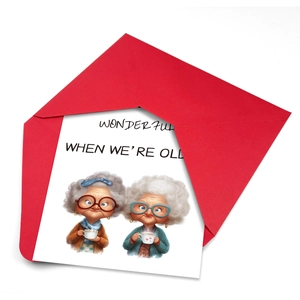 Detail van een grappige wenskaart met cartoon oudere vrouwen en een rode envelop