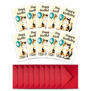 Detailed set showing 10 watercolor cat birthday cards with matching red envelopes