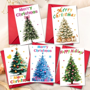 Cartes de Voeux Sapin de Noël à l'Aquarelle Avec Enveloppes Rouges Joyeux Noël Bonnes Fêtes Cartes en Papier Festives Pour Cadeaux Fête