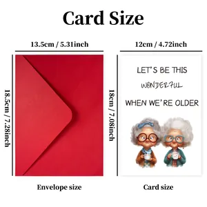 Guía de tallas con sobre rojo y tarjeta de felicitación humorística de 13,5x18,5 cm