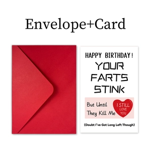 Minimalist greeting card and red envelope set with humorous handwritten birthday text