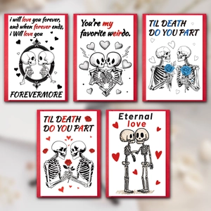 Lot de cartes de vœux squelette gothique pour Saint-Valentin avec des roses