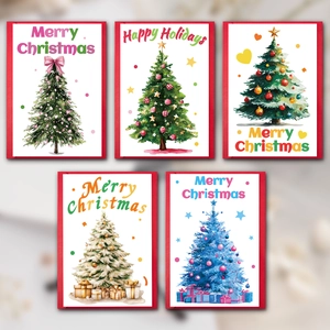 Lot de 5 grandes cartes de vœux de Noël avec divers motifs de sapins festifs et enveloppes