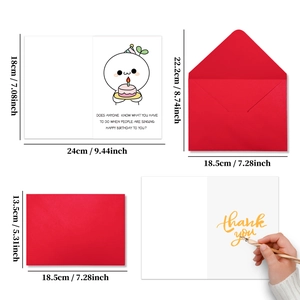 Detail of humorous birthday card set with red envelope and handwritten thank you message