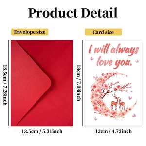 Size specifications of romantic Valentine card with cherry blossom moon and envelopes