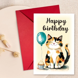 Close-up of watercolor cat birthday card with red envelope on a rustic linen background