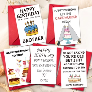 Funny set of five birthday greeting cards with red envelopes and humorous messages