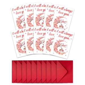 Detailed set of 10 Valentine cards with red envelopes and romantic deer and cherry blossom