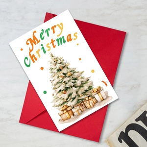 Détail de carte de Noël avec sapin aquarelle et ensemble d'enveloppe rouge festive