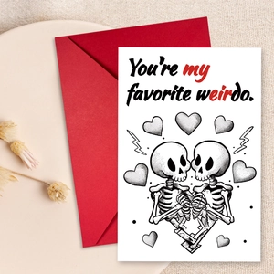 Carte de vœux cœur squelette avec enveloppe rouge et texte You're my favorite weirdo