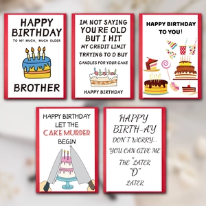 Funny birthday card set with 5 humorous designs including cake illustrations and envelopes