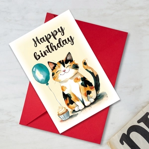 Macro detail of watercolor cat birthday card with happy birthday text and red envelope