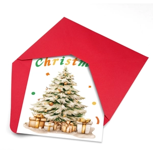 Détail d'une carte de Noël sapin aquarelle blanche avec une enveloppe rouge vif