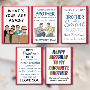 Set van 10 verjaardagskaarten voor broers met rode randen en humoristische ontwerpen