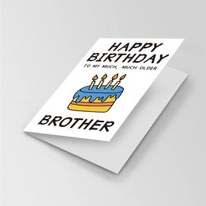 Funny birthday card for brother featuring colorful cake illustration and humorous text