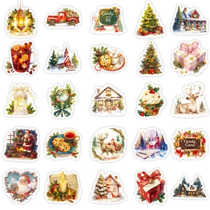 Vista detallada de 25 pegatinas navideñas de acuarela con Papá Noel y motivos festivos