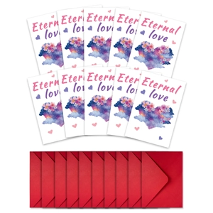 Set of 10 Valentine cards with Eternal Love print and matching red envelopes