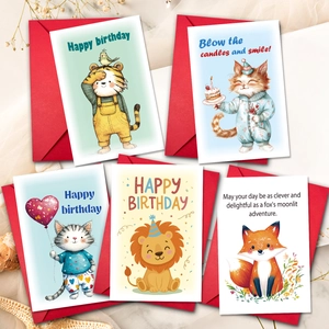 Lot de 5 grandes cartes d'anniversaire animaux avec enveloppes rouges pour écriture DIY
