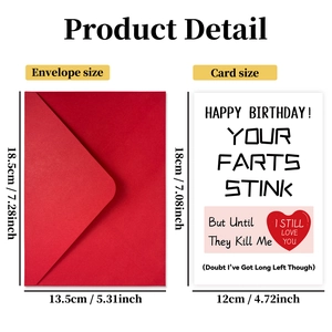 Funny humor birthday card set with red envelope and size specs on a white background