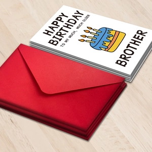 Funny birthday card for brother featuring a cartoon cake and vibrant red envelope