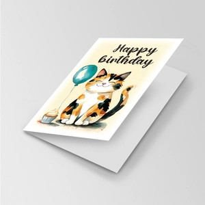 Detail of a folded birthday card featuring a watercolor calico cat and cupcake design
