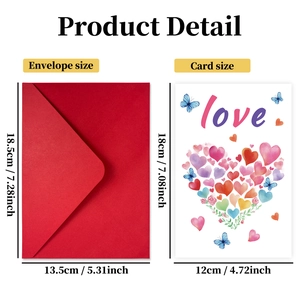 Detail view of Valentine greeting card with love heart patterns and red envelope dimensions