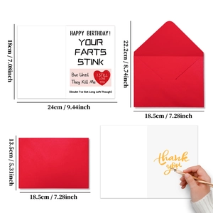 Detailed view of humorous greeting card dimensions and matching red envelope packaging