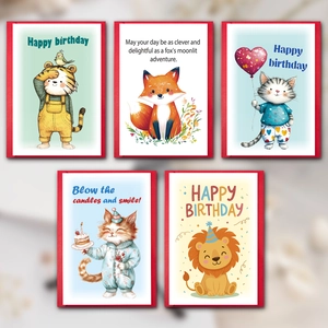 Lot de 5 cartes d'anniversaire animaux avec enveloppes, motifs tigre, renard et lion mignons