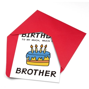 Detail of funny birthday card for brother with colorful cake and red envelope set