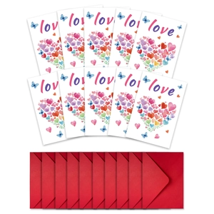 Detailed set of 10 Valentine cards with love typography and red envelopes in high detail