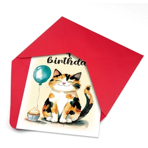 Detail of a watercolor cat birthday card with a vibrant red envelope for festive greeting