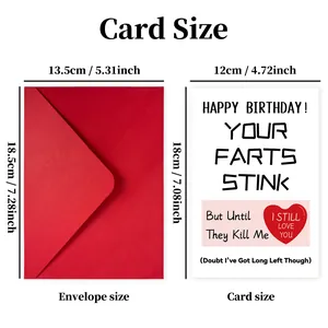 Detailed size guide for humor greeting card and envelope in centimeters and inches