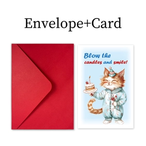 Détail de la carte d'anniversaire chat avec texte et son enveloppe rouge assortie