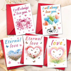 5er-Pack Aquarell-Valentinskarten mit roten Umschlägen und romantischen Motiven