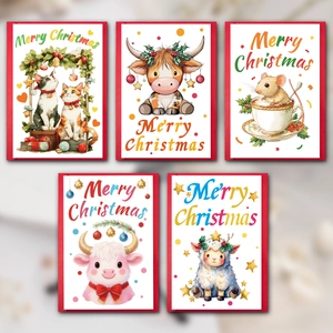 Set of 5 cute cartoon Christmas cards featuring animals like cats, cows, and hamsters