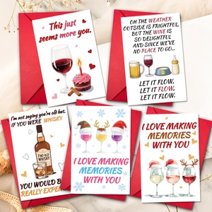 Five creative Valentine's Day cards with red envelopes and festive illustrations
