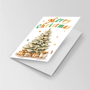 Détail d'une carte de vœux pliante avec sapin de Noël à l'aquarelle et cadeaux festifs
