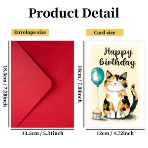 Detailed view of cat birthday card and red envelope with precise size dimensions