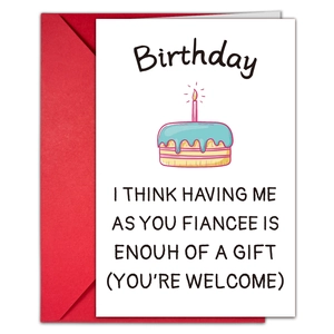 Detail of creative birthday card set with humorous cake design and red envelope pack