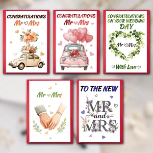 Set of 5 watercolor wedding cards with red borders and romantic illustrations for couples