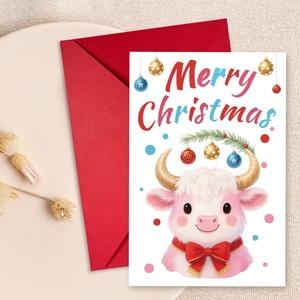 Detailed view of a cute cartoon cow Christmas card with a vibrant red gift envelope