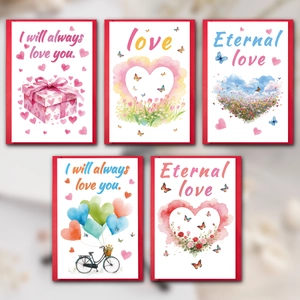 5er Set Valentinstag-Karten mit Aquarell-Herzen und romantischen Liebesbotschaften