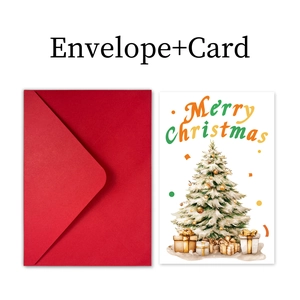 Détail d'une carte de Noël avec illustration de sapin et enveloppe rouge
